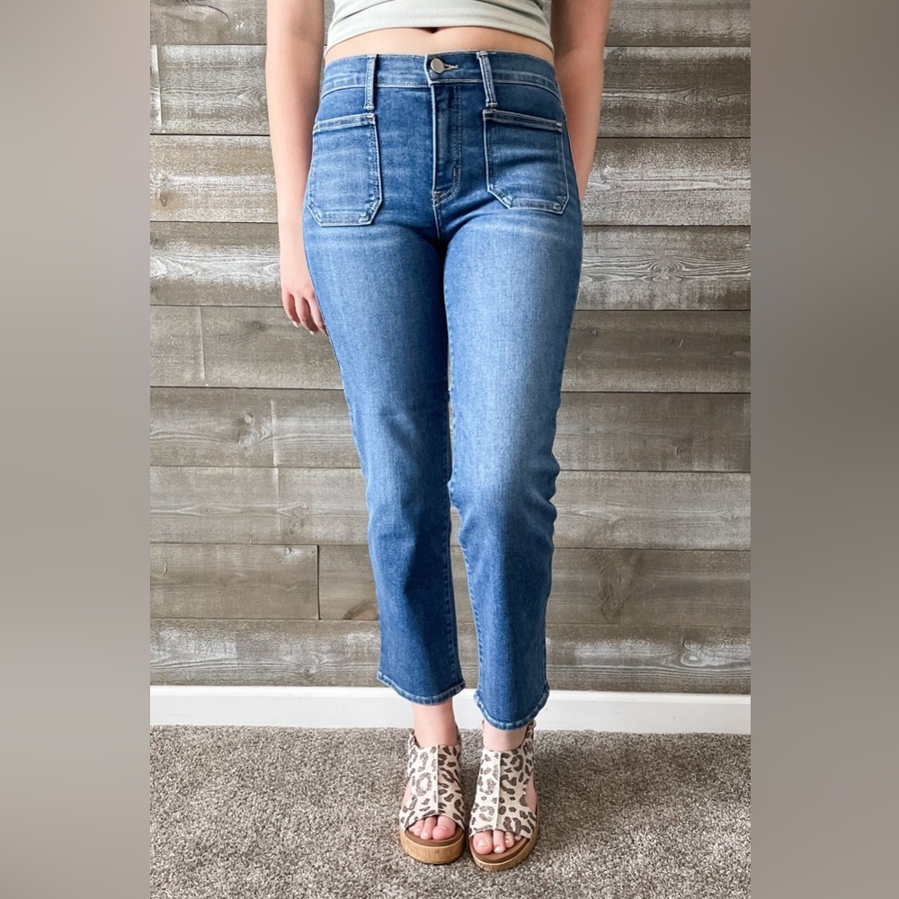 Just Black Denim Petite Straight Leg Jeans Patch Pockets BP501JP Medium Wash